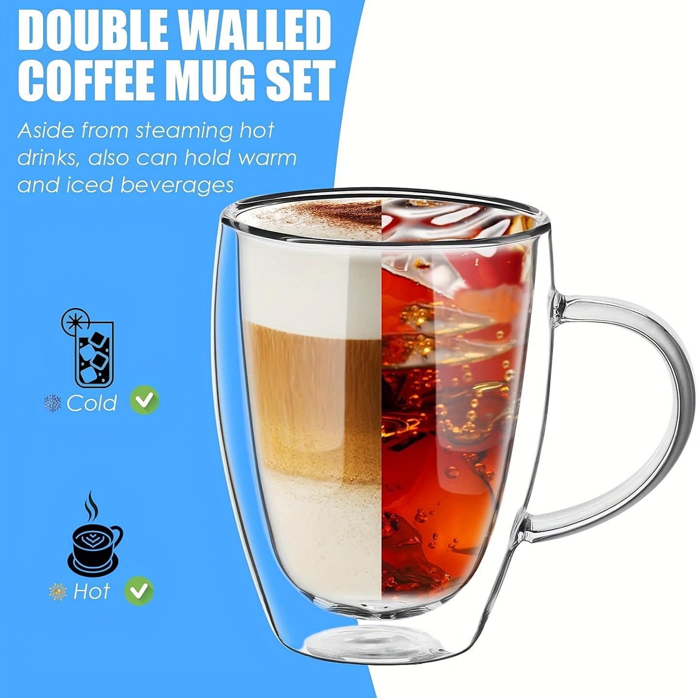 16 Oz Glass Coffee Mugs - Double Wall Insulated - Set Of 4 Clear
