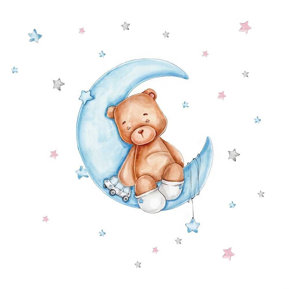 Sleeping Bear Moon Wall Stickers Colorful Stars Living Room - Temu