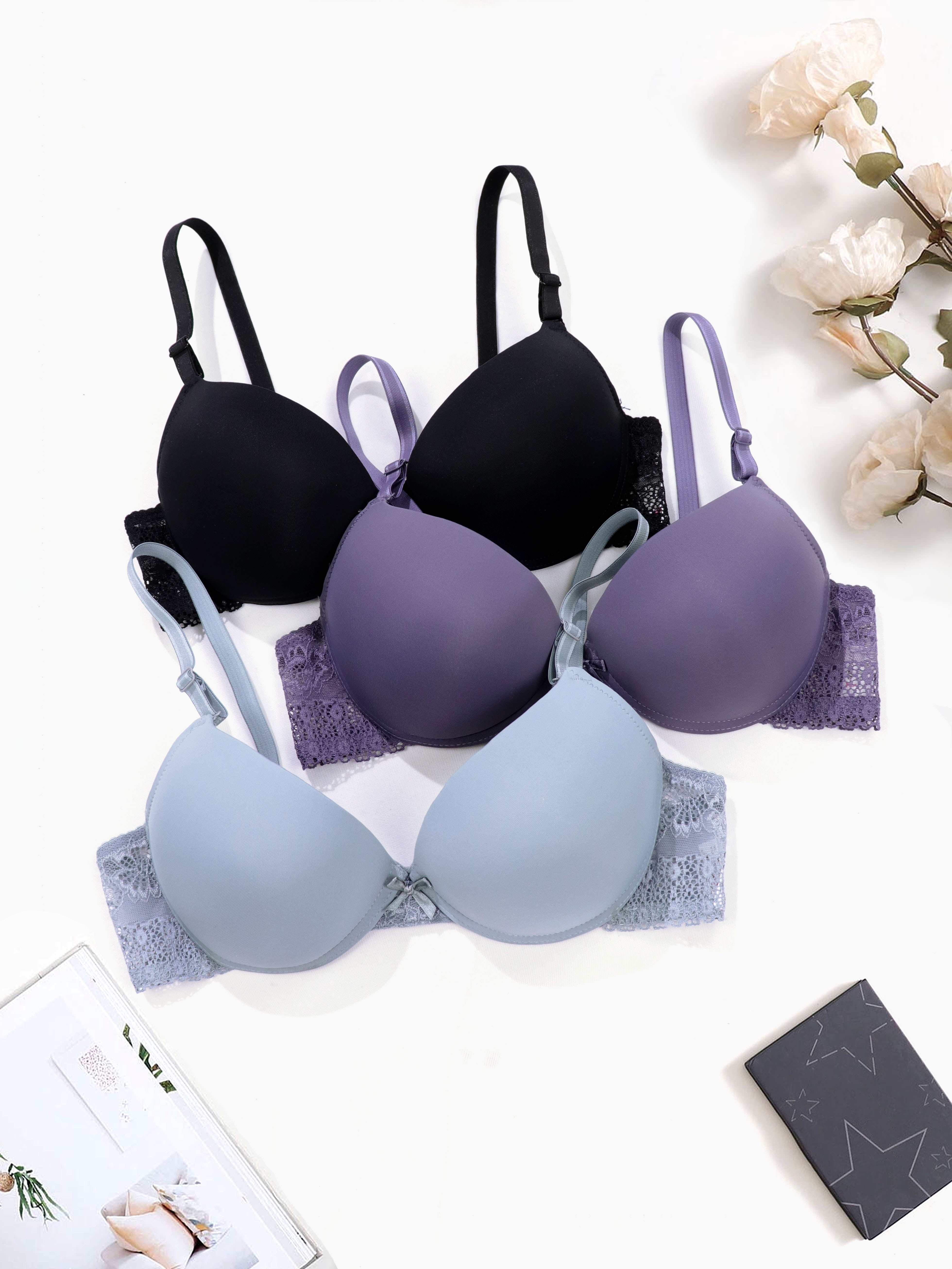3 Sets Front Buckle Push Up Bras, Comfy & Breathable Everyday T-Shirt Bra,  Women's Lingerie & Underwear