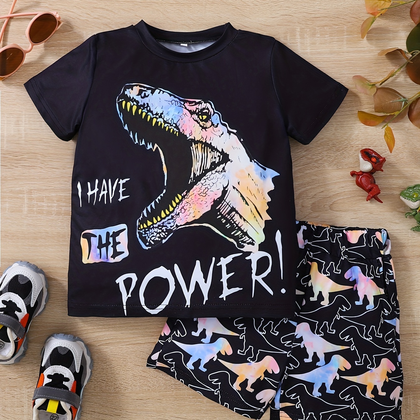 

Boys "i Have The Power" Dinosaur Print Casual Outfit Round Neck T-shirt & Shorts Kids Summer Clothes Sets