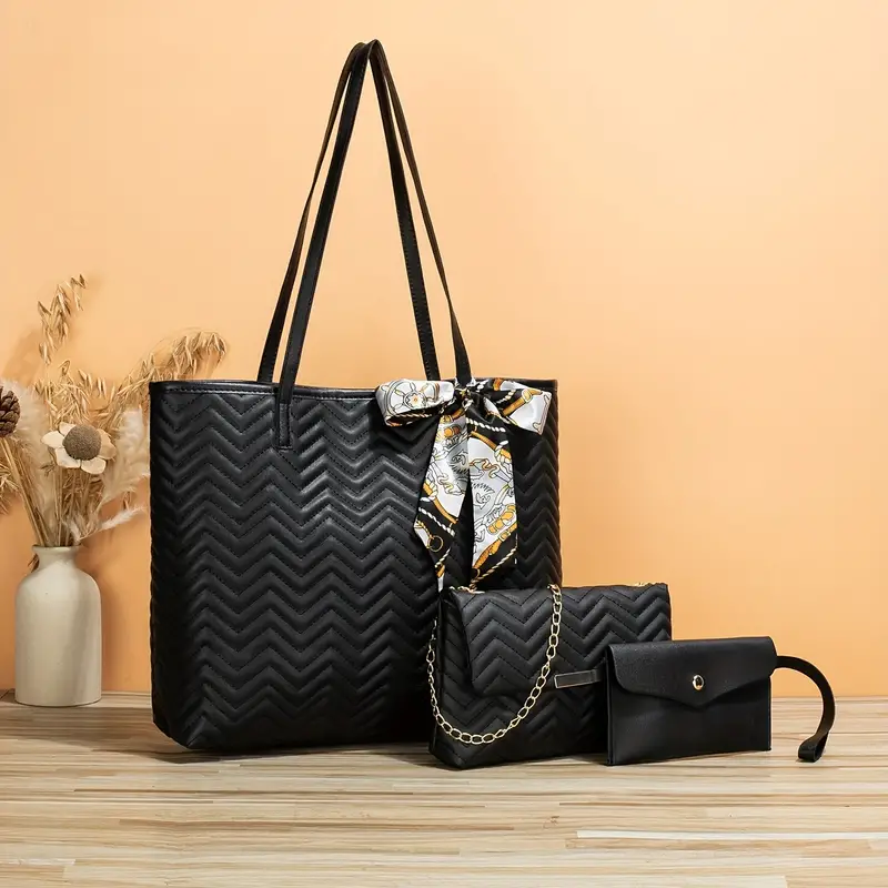 3 Pcs Quilted Detail Bag Sets, Solid Color Tote Bag, Handbag with Shoulder Chain Bag & Purse, Classic Bags with Scarf, Christmas Styling & Gift
