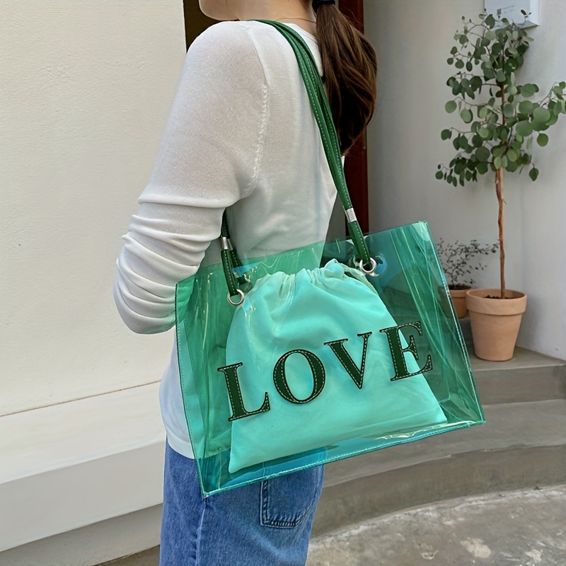 Transparent Pvc Beach Bag, Chenille Letter Decor Summer Jelly Tote Bag,  Large Capacity Waterproof Shoulder Bag With Inner Bag - Temu