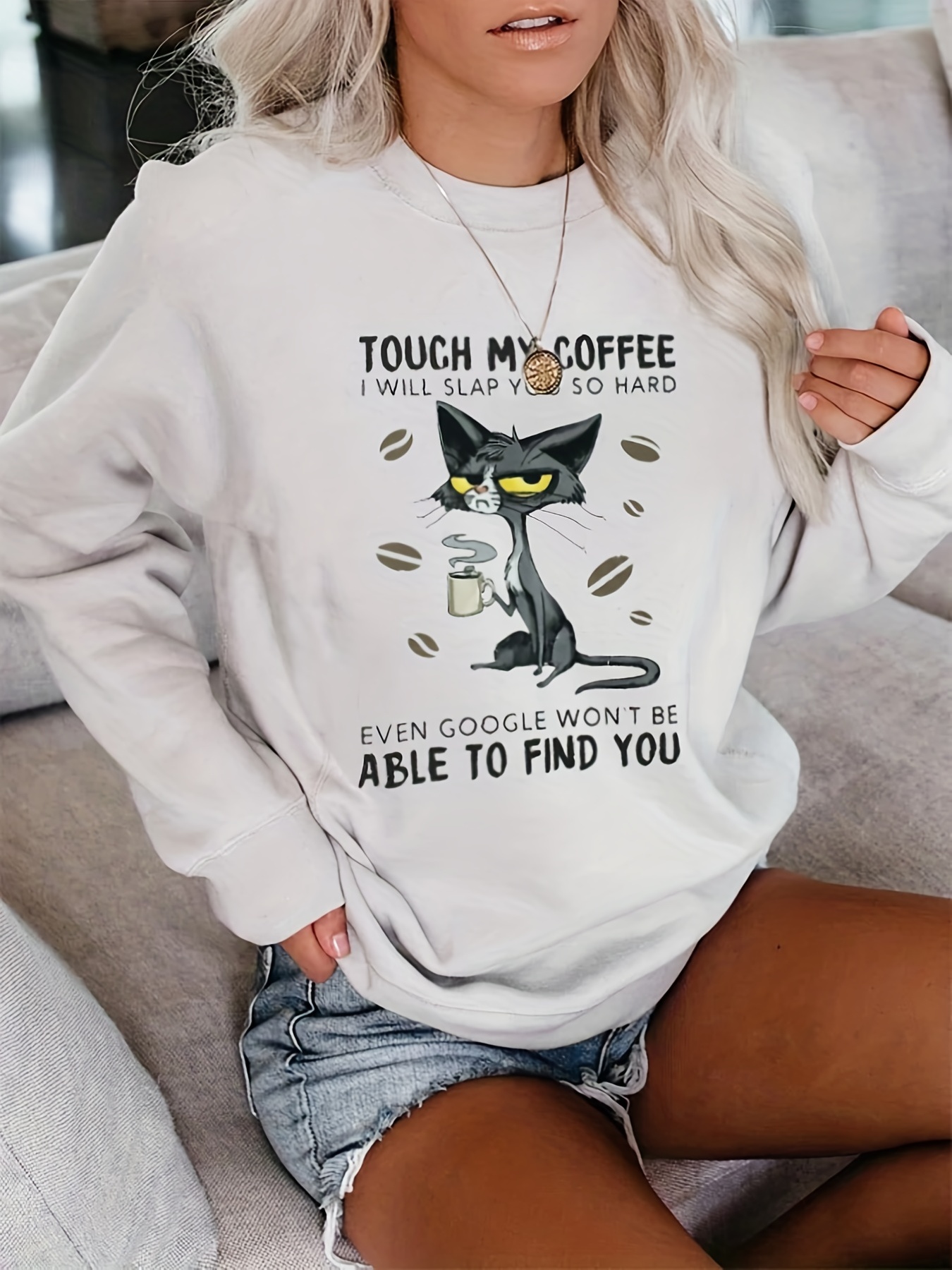 Cute Cat Letter Print Sweatshirt Casual Loose Crew Neck Sweatshirt For Fall  Winter Womens Clothing - Women's Clothing - Temu Belgium