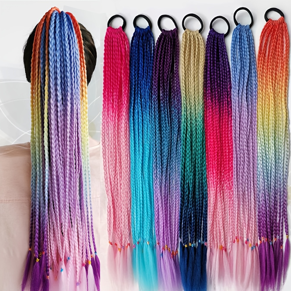 

Synthetic Colorful Braided Ponytail For Girls 24 Inch Box Tail Hair Extensions With Hair Tie Hair Accessories For Music Festival
