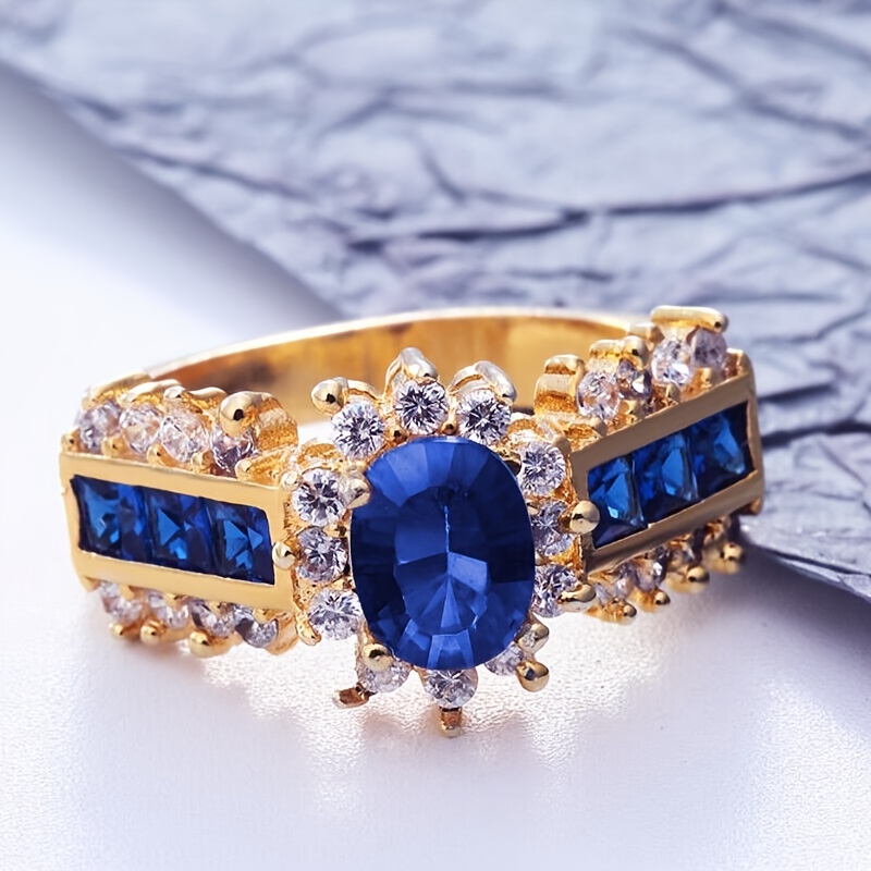 Sortijas grandes azul zafiro con circonitas, anillos para bodas y eventos