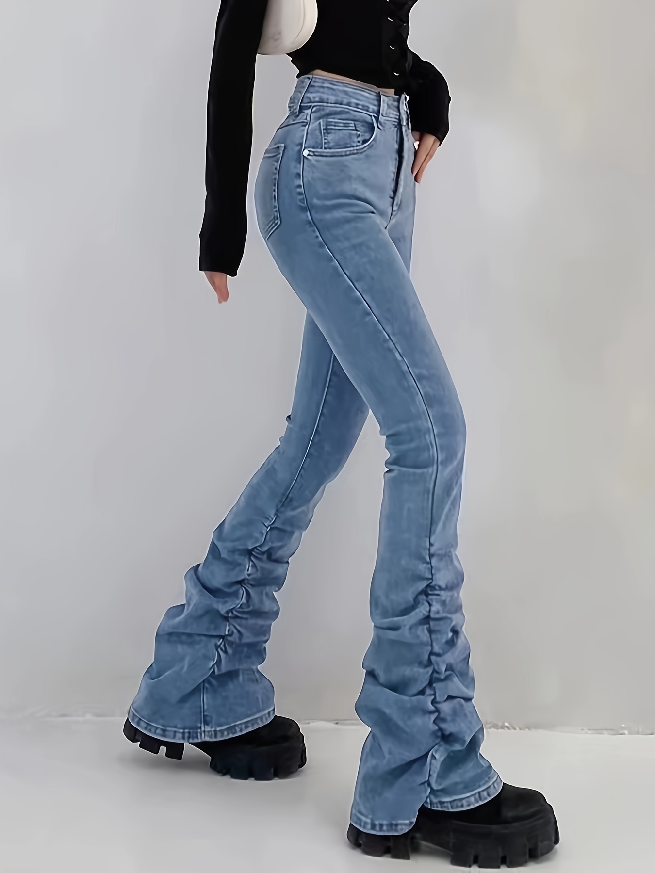 Plain Washed Retro Flare Jeans Slim Fit High Stretch Slant - Temu