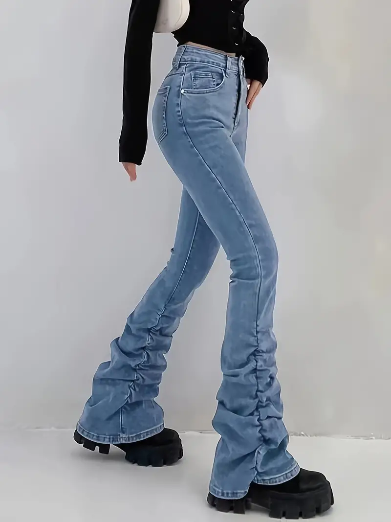 High Waist Chic Stacked Jeans Slant Pockets High Stretch - Temu