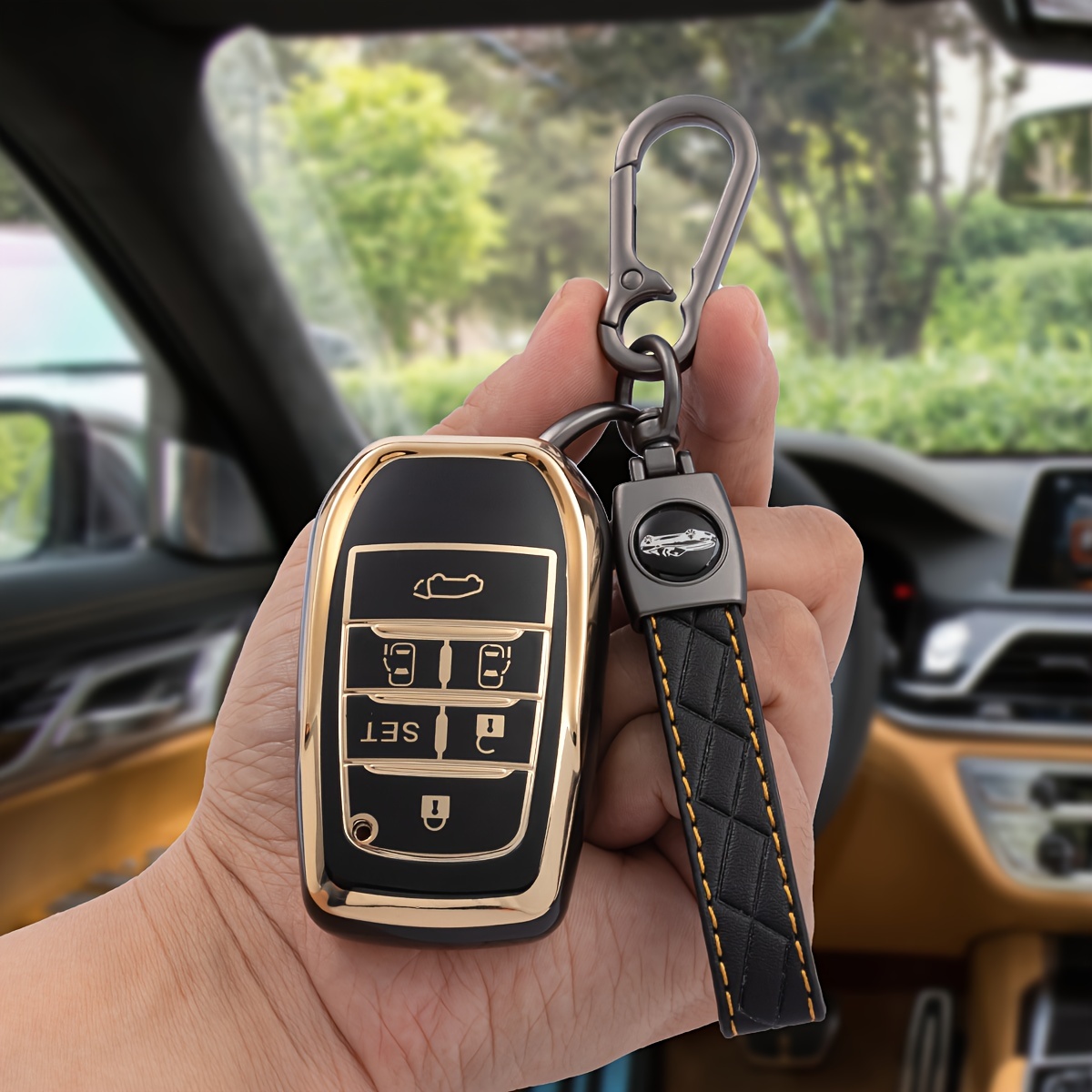 3pcs/set Tpu Soft Shell Car Key Case + Gold Rhinestone Keychain