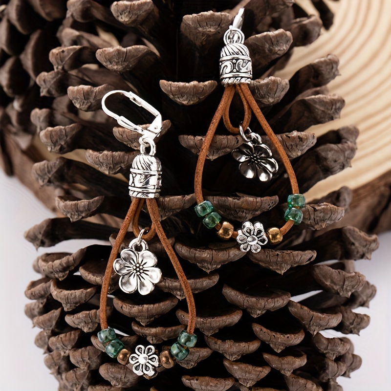 Boho Leather Rope Flower Drop Earrings Men Beaded Earrings Temu