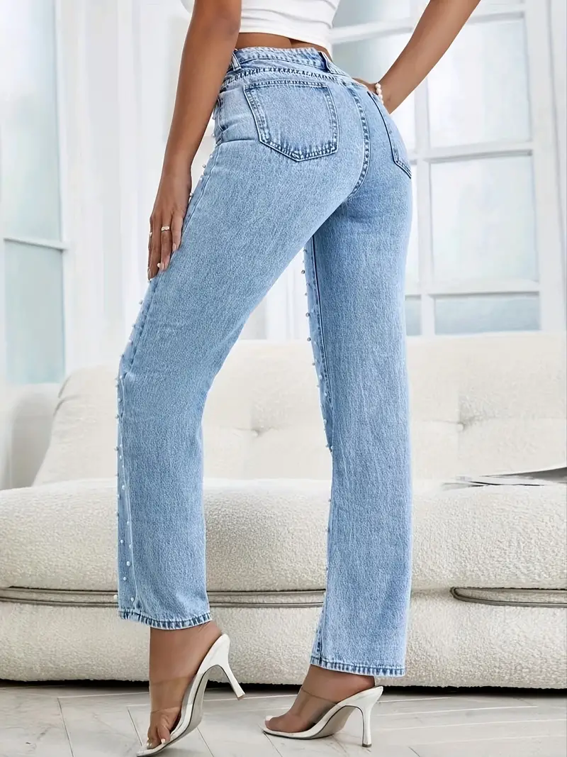Blue Faux Pearl Studded Straight Jeans Loose Fit Slant - Temu