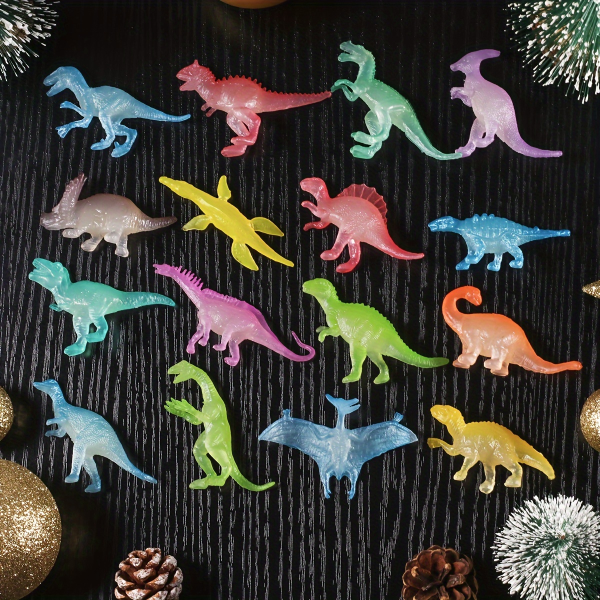 

16/24/32pcs Glow In Dark Mini Dinosaur Birthday Party Favors Supplies Dinosaur Cupcake Toppers Goodie Bags Stuffers Easter Fillers Classroom Prizes Treasure Box Gifts Halloween Treats