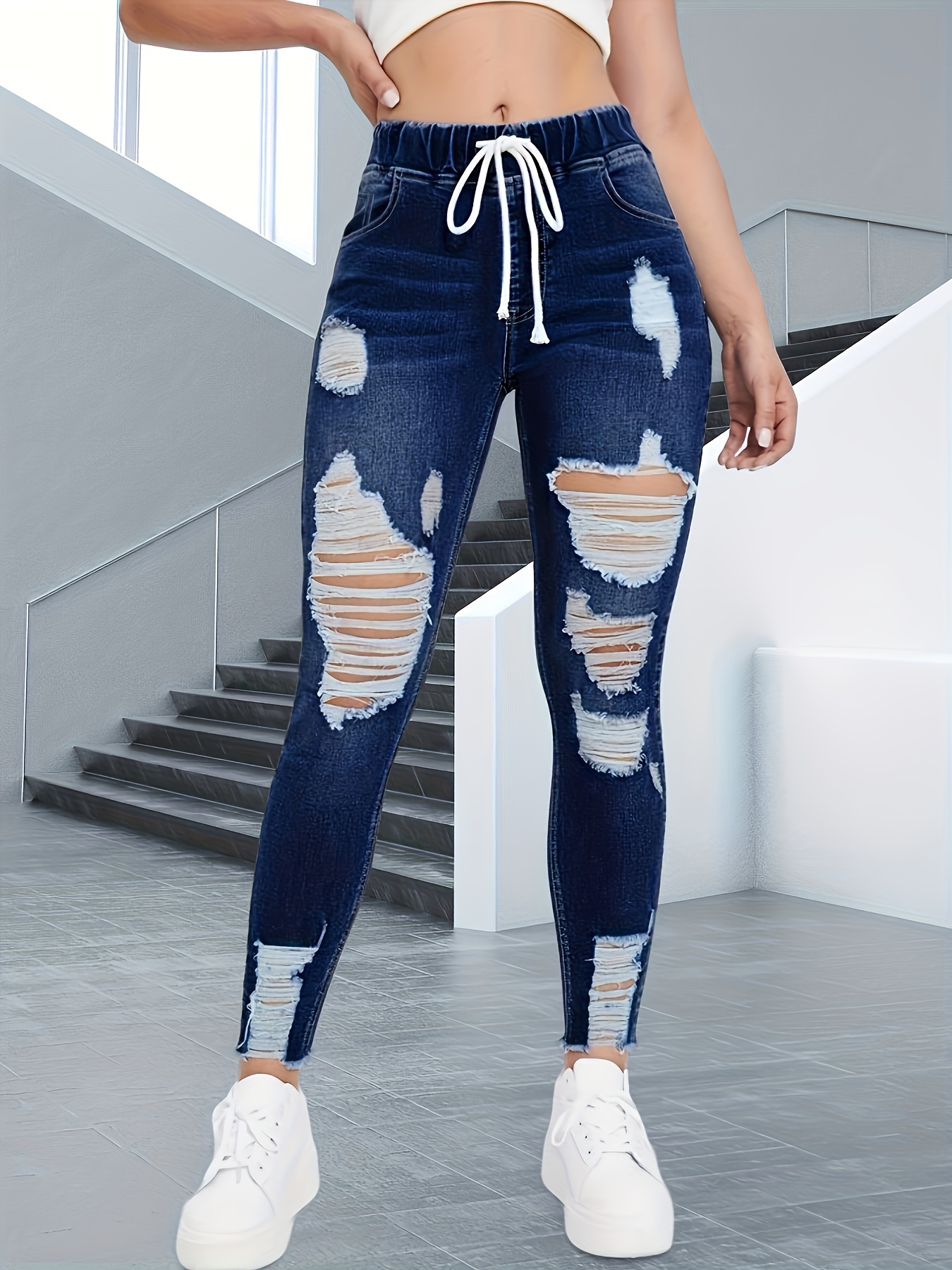 Medium Blue Drawstring-Waist Washout Ripped Skinny Jeans – Lookbook Store