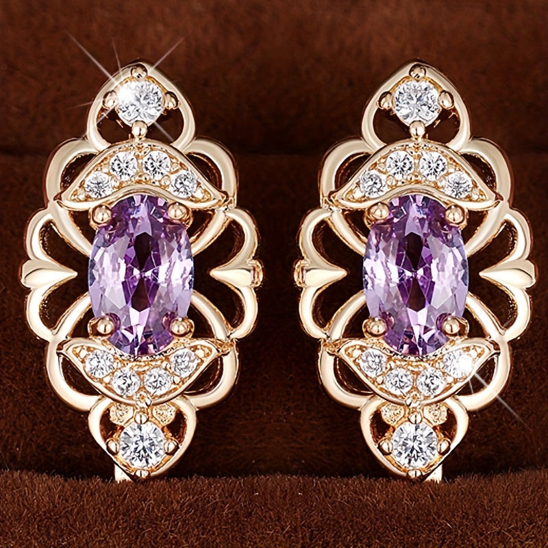 Exquisite 18k Gold-plated Purple Gemstone Hoop Earrings, Elegant Women's Earrings