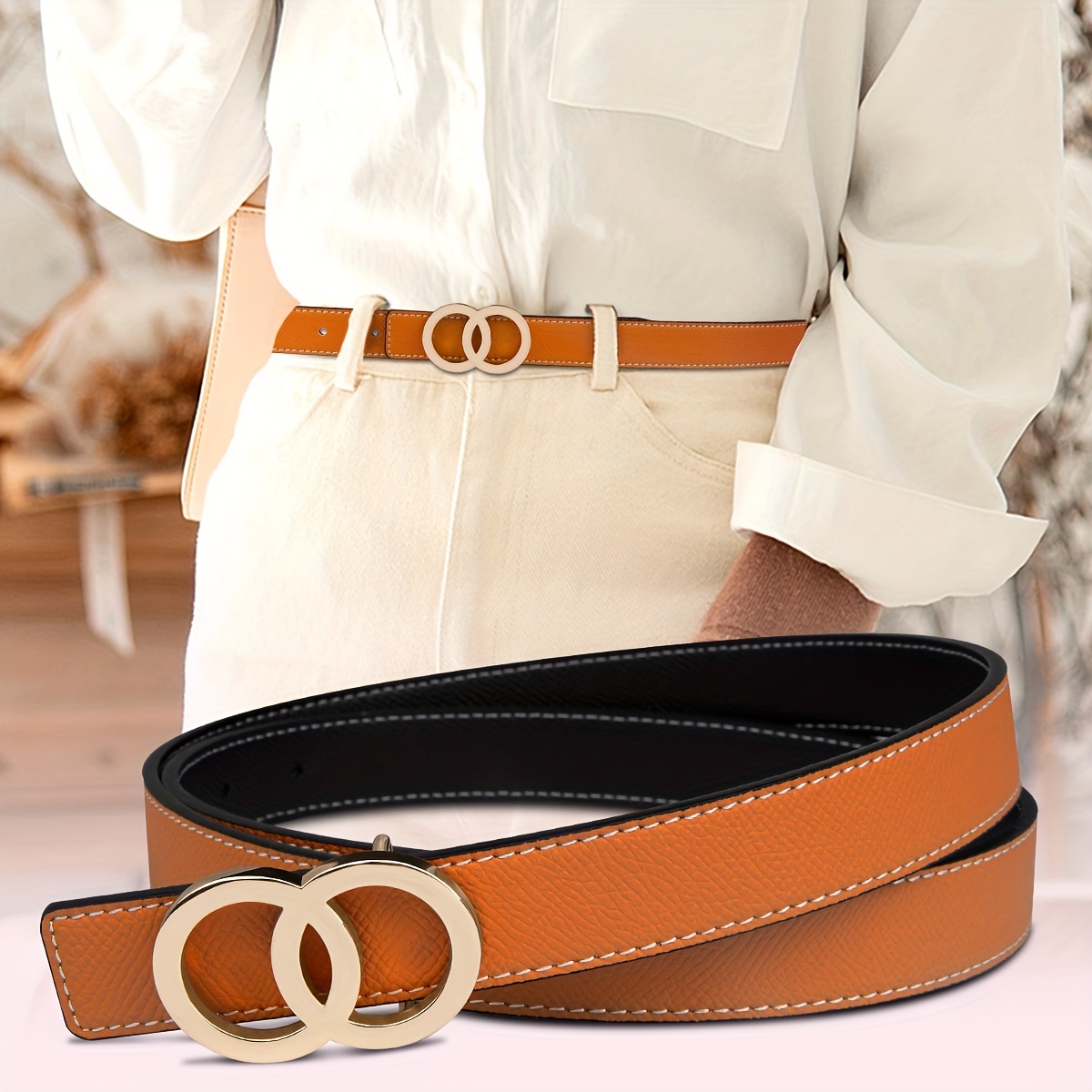 Double Ring Buckle Orange Belt Vintage Reversible Leather - Temu
