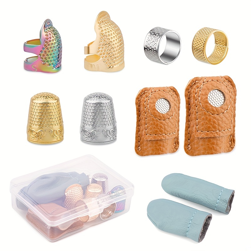 8 Pcs Sewing Thimble + 30 Pcs Sewing Needles, Finger Protector Fingertip  Thimble Adjustable Metal Bronze Sewing Thimble Rings and Leather Coin  Thimble for Needlework, Hand Embroidery Craft