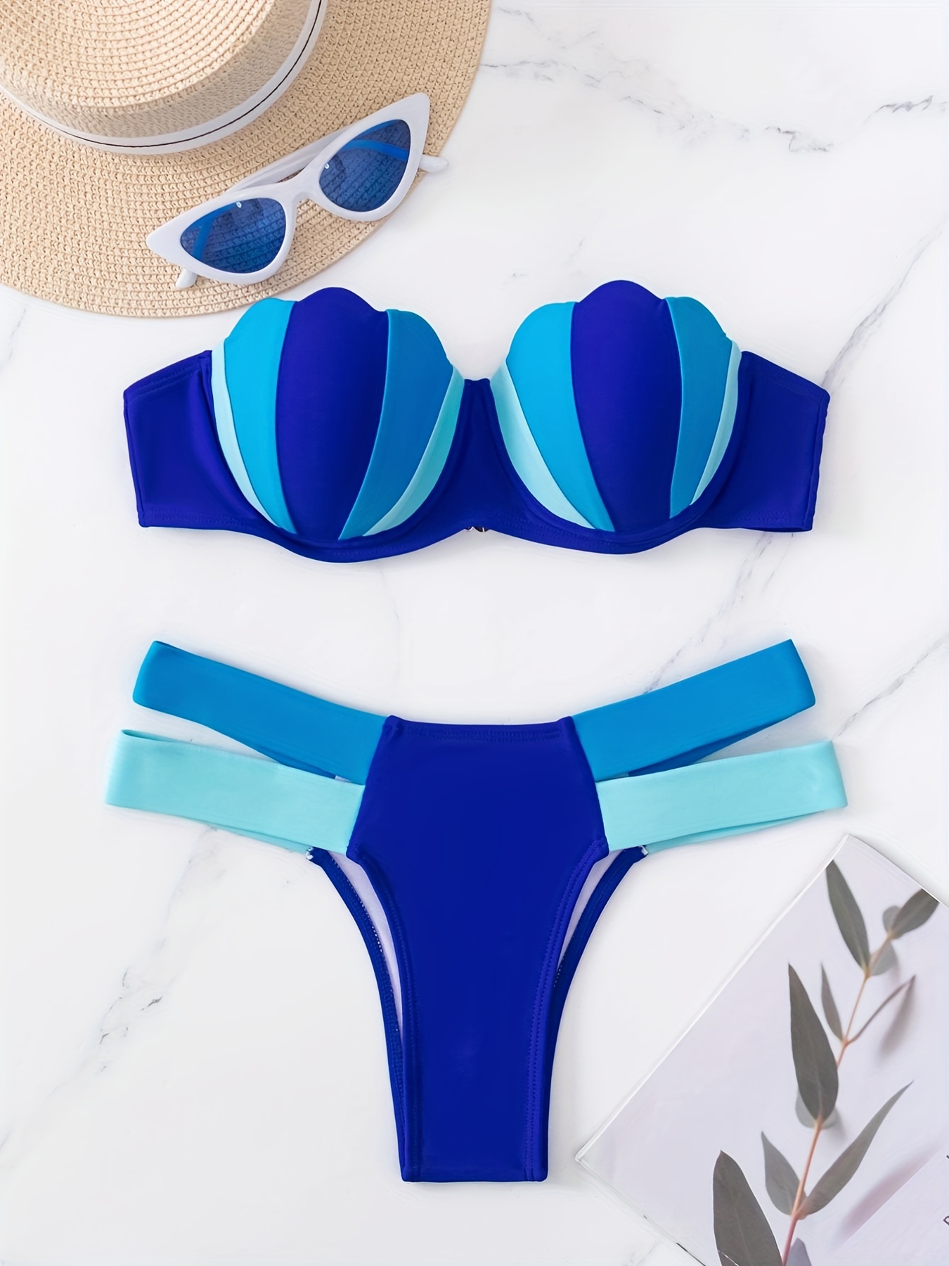 ALSLIAO Womens Color Block Ribbed Knit Bikini Set Contrast Trim 2 Piece  Swimsuits Blue S