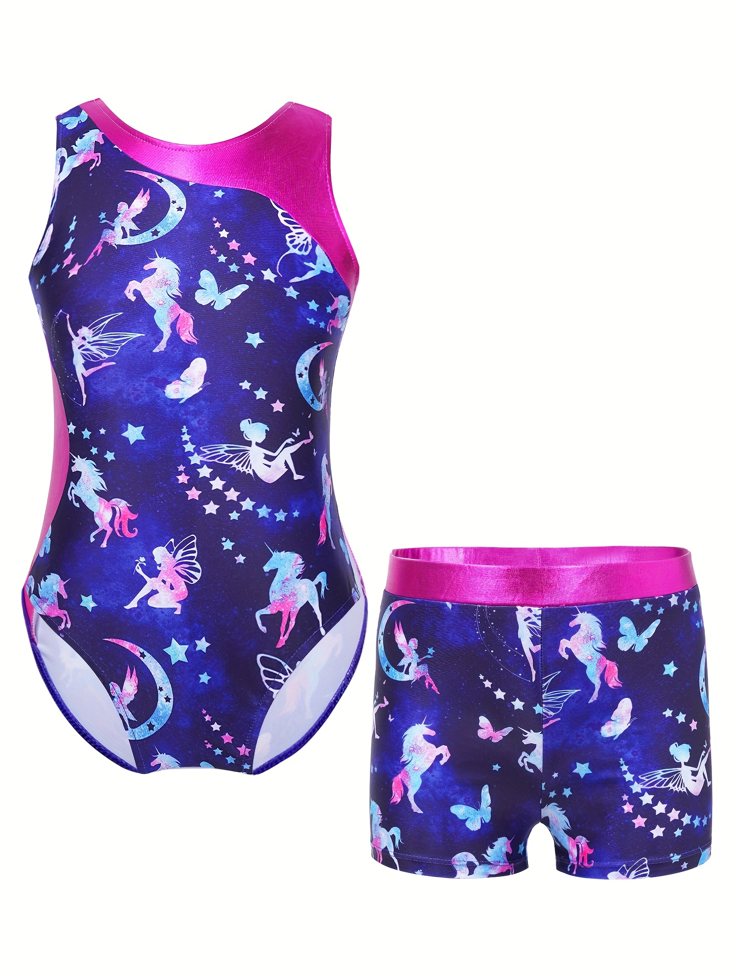 Girls 2pc Gymnastics Training Sets Sleeveless Athletic Jumpsuit & Shorts