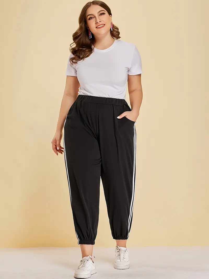 Plus Size Casual Pants, Women's Plus 2 Stripes Loose Fit Cuffed Ankle  Elastic Waist Activewear Joggers