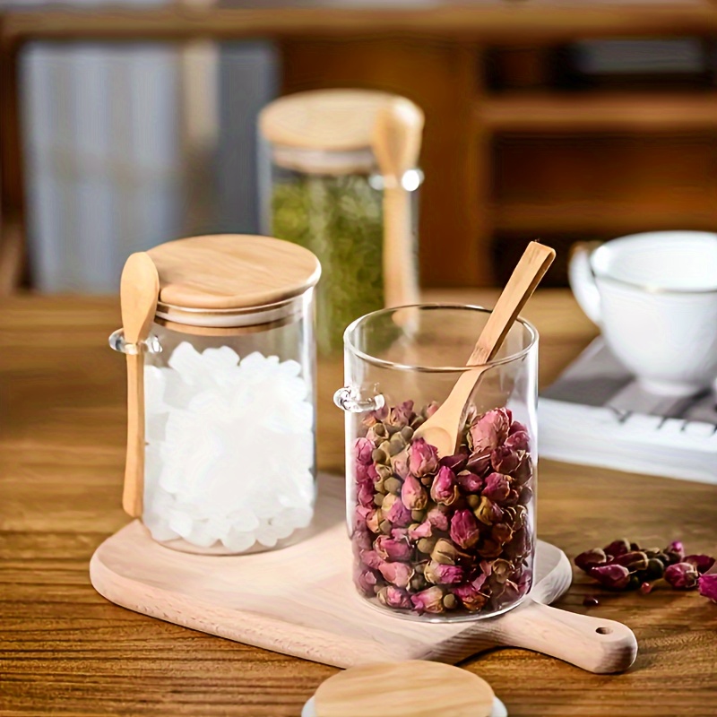 1pc Bamboo Lid Glass Tea Storage Jar, Kitchen Food Storage