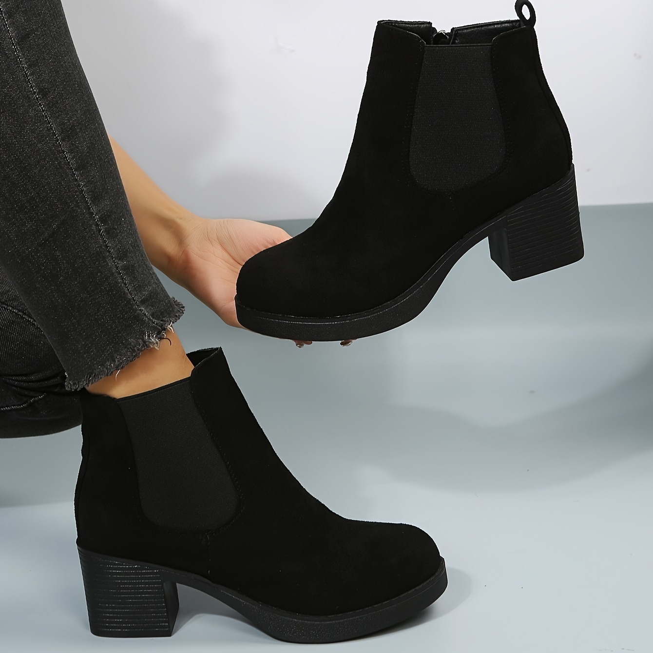 Side Zip Chunky Heeled Ankle Boots Women Black Low Heel - Temu