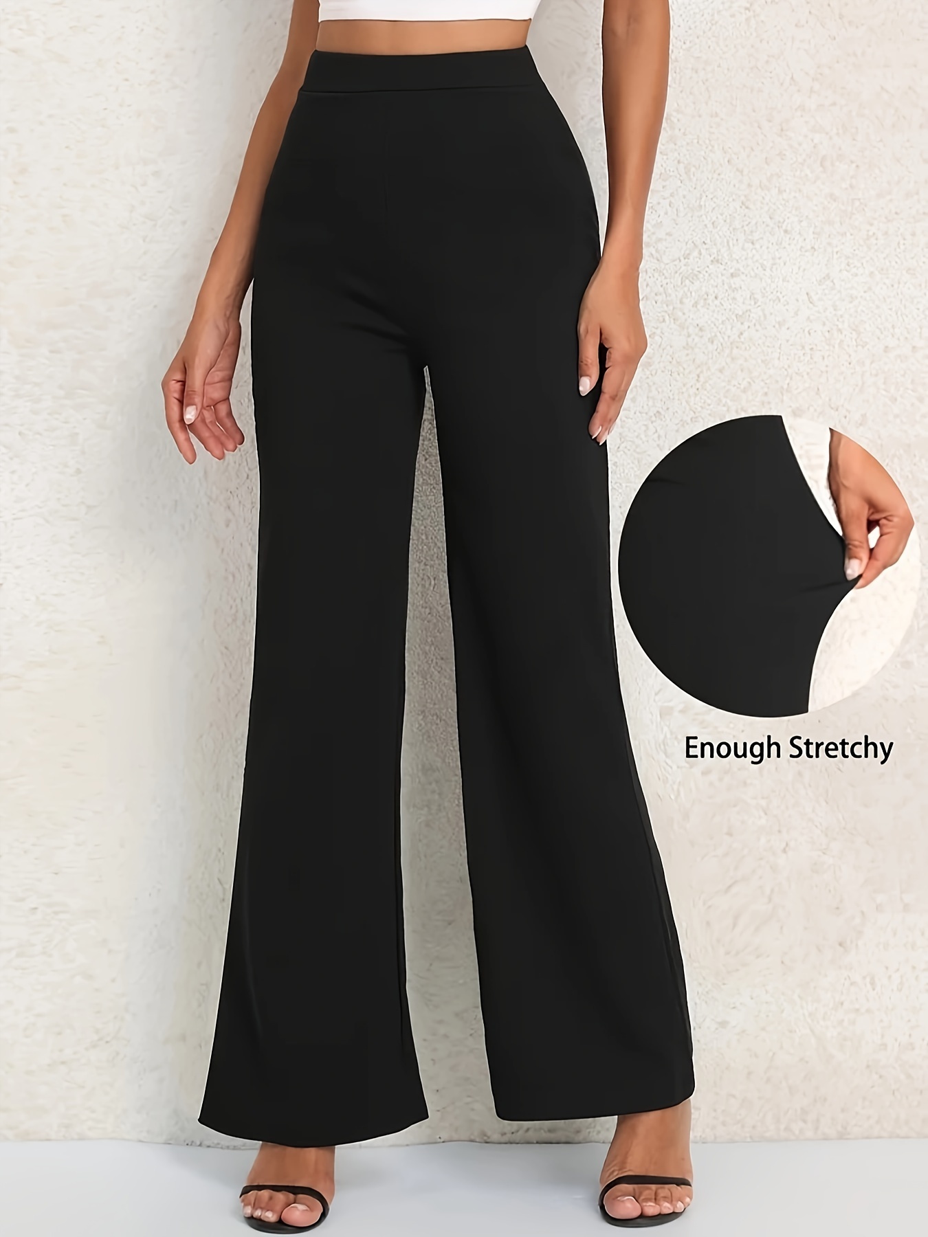 Elegant Solid Flare Leg Black Plus Size Pants (Women's)