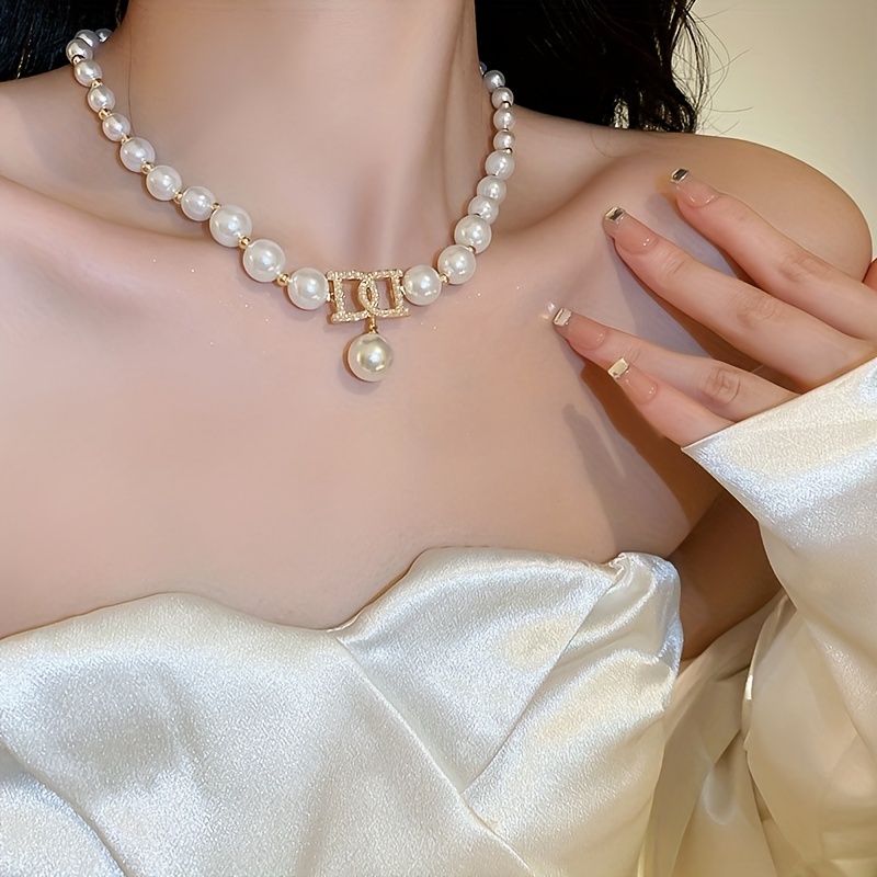 Faux Pearls Beaded Necklace Inlaid Shiny Rhinestones - Temu
