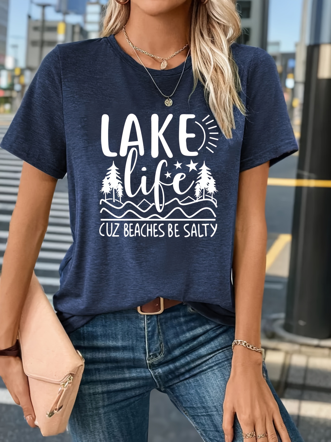 Lake Life Letter Print T shirt Casual Crew Neck Short Sleeve - Temu