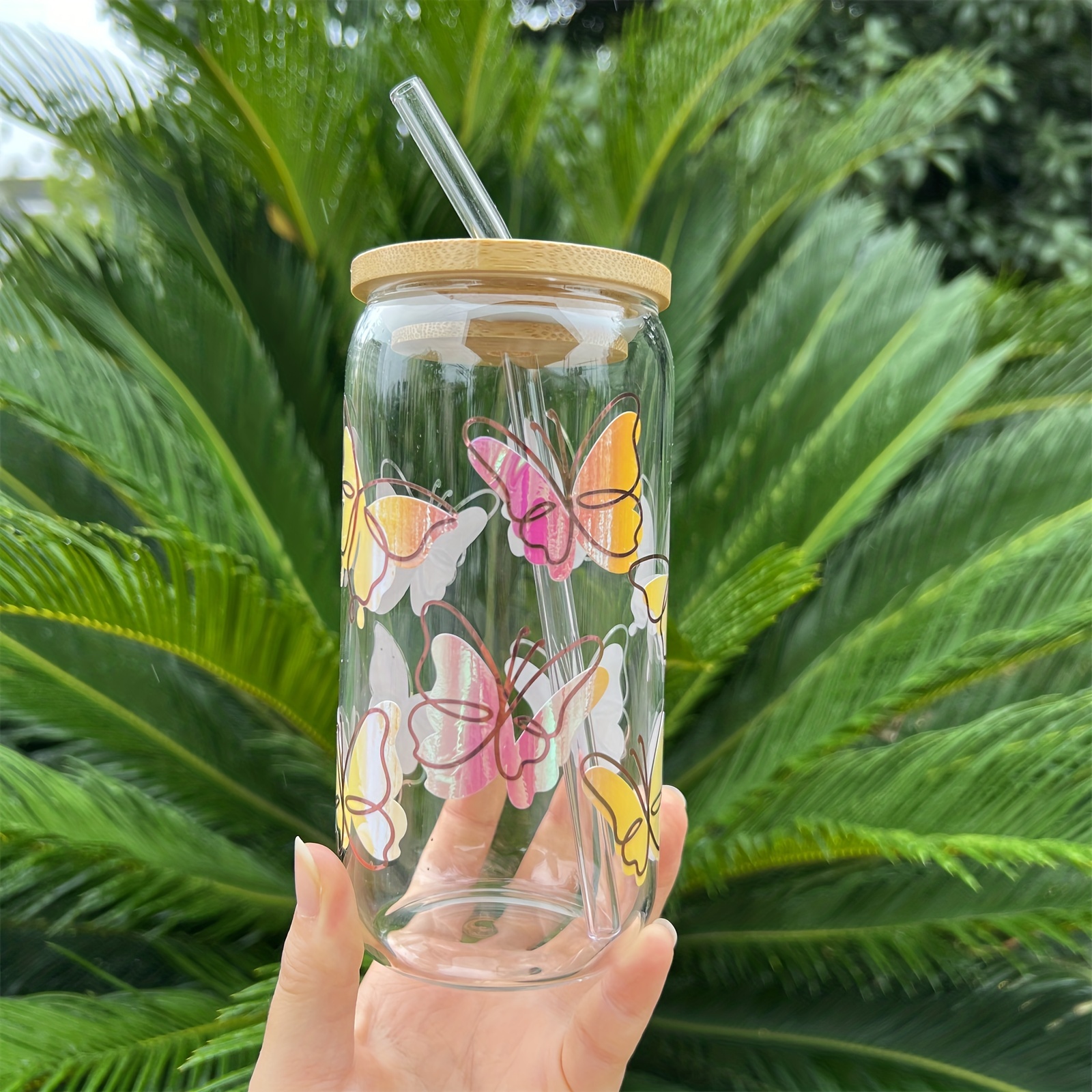 BUTTERFLY Glass Can Cup With Bamboo Lid & Straw Beer Glass Can Cup Iced  Coffee Glass Can Cup Soda Can Glass Cup 