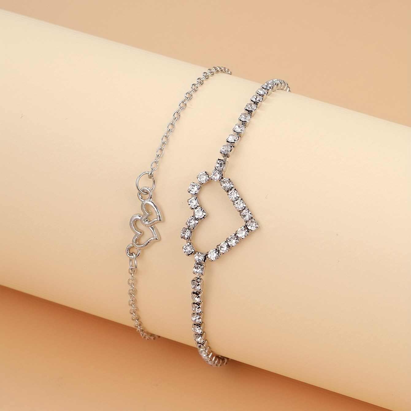2 pcs double layers chain anklet inlaid shiny zircon hollow heart shape ankle bracelet set details 4