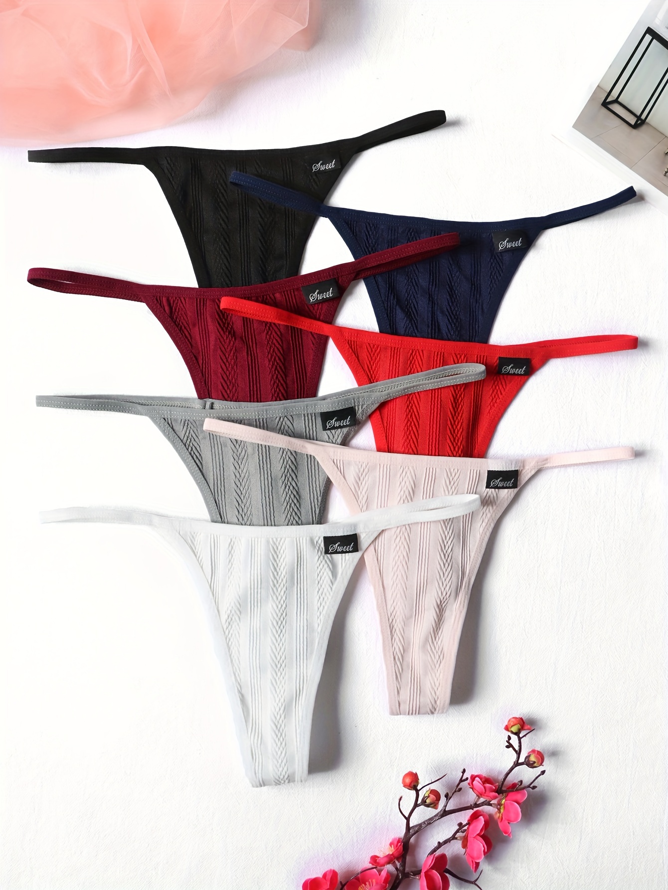 7pcs Simple Solid Thongs, Soft & Comfy Stretchy Intimates Panties, Women's  Lingerie & Underwear