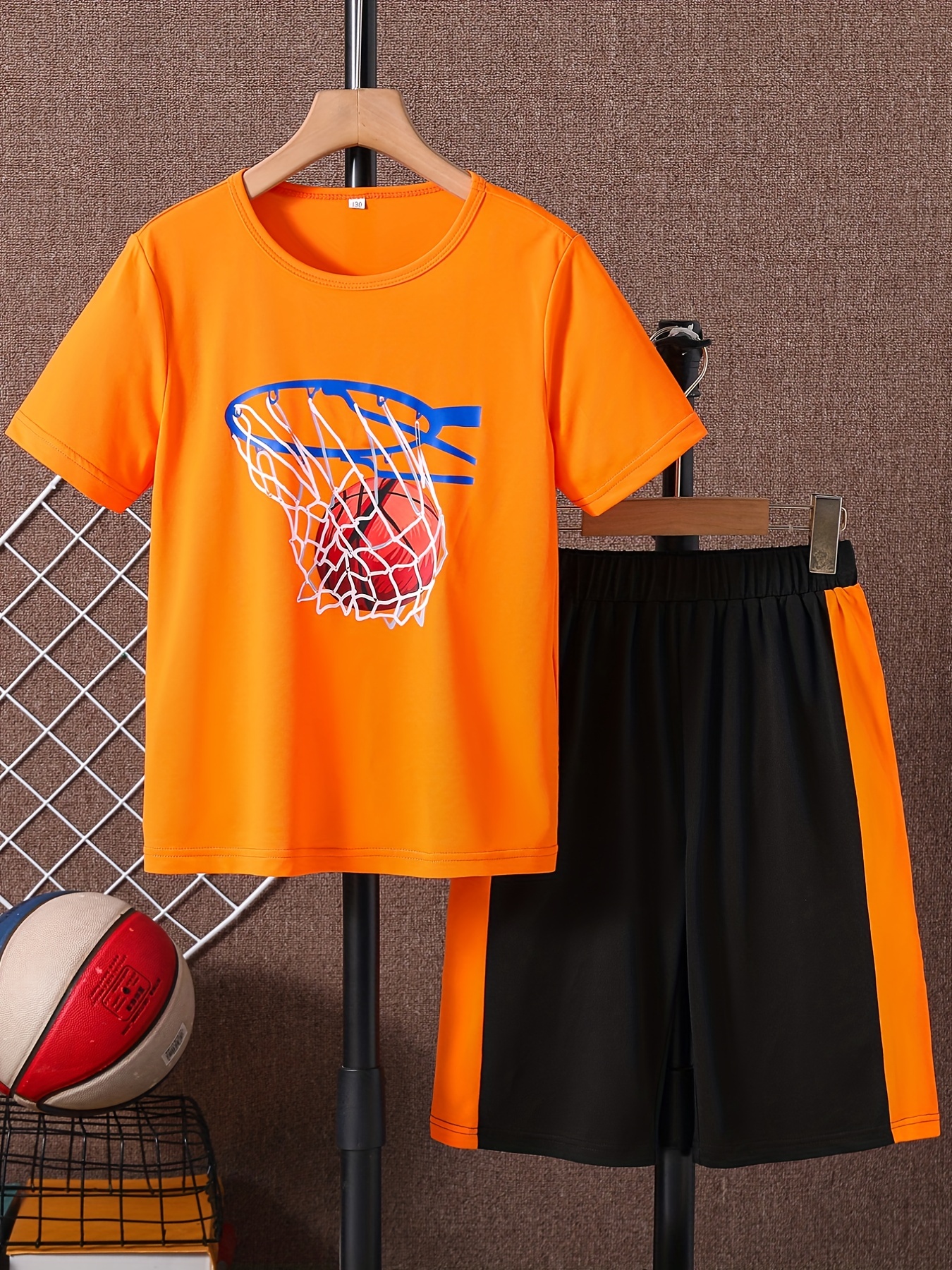 Boys Basketball Graphic Outfit Short Sleeves Round Neck T-shirt & Shorts  Casual For Summer Kids Clothes