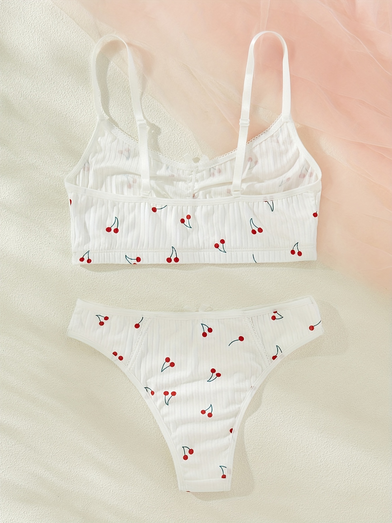 valentine's day Cherry Print Bra & Panties, Cute Wireless Bra & Bow Tie  Panties Lingerie Set, Women's Lingerie & Underwear