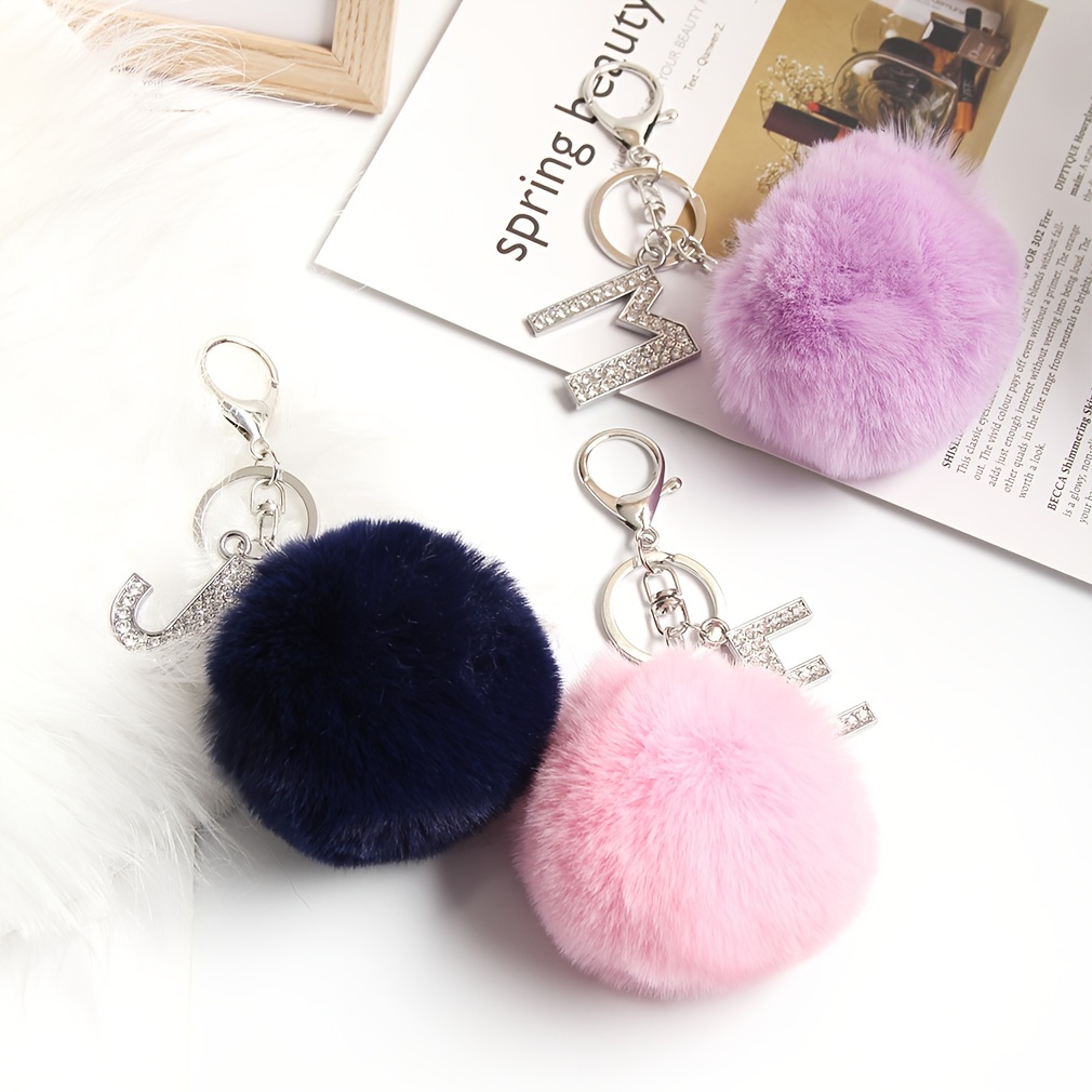 Black Resin Letter A-Z Keychain Alphabet Charm Key Ring with Pompom Fur  Ball for Women Girls Handbag Purse