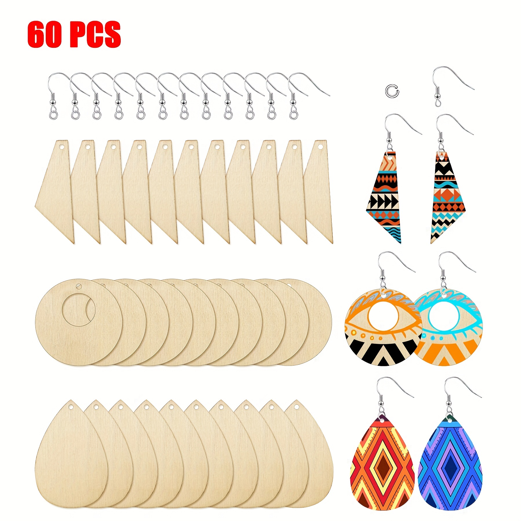 

60pcs Wooden Earrings Pendants Blank Teardrop,toroidal And Tapered Cutout Pendants With 60pcs Earring Hooks And 60pcs Jump Rings, For Diy Craft Jewelry Making