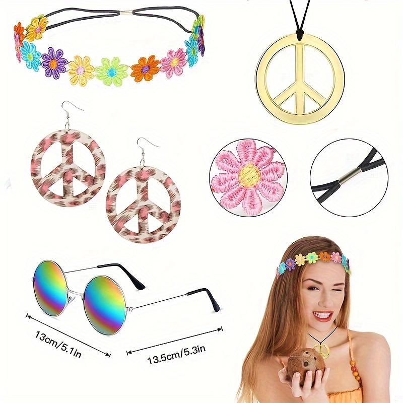 Retro Hippie Zubehör-Set Inklusive Halskette, Brille, Ohrringe, Künstliche  Blumen Und Elastisches Band Für Frauen, Thematische