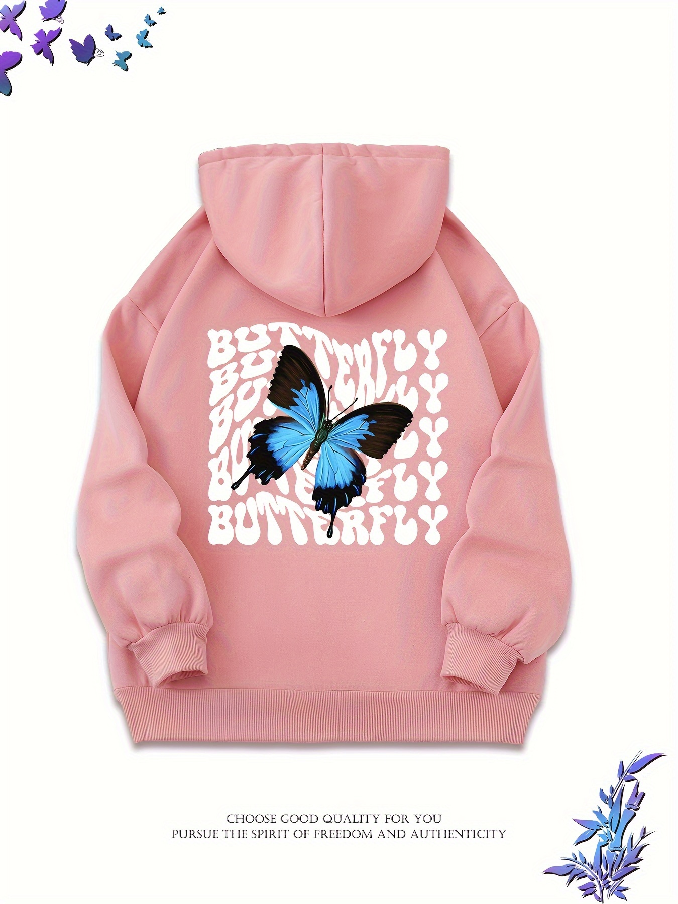 Temu Butterfly Floral Print Hooded Pocket Drawstring Sweatshirt, Women's Kangaroo Pocket Hoodie, Pullover Casual Long Sleeve Women's Clothing Sweatshirt