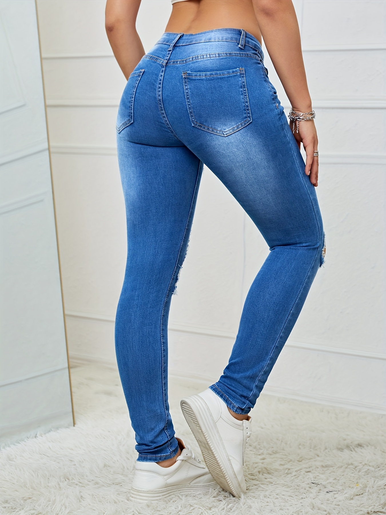 Ripped High * Skinny Jeans, Light Washed Blue Stretchy Sexy Distressed  Curvy Denim Pants, Women's Denim Jeans & Clothing
