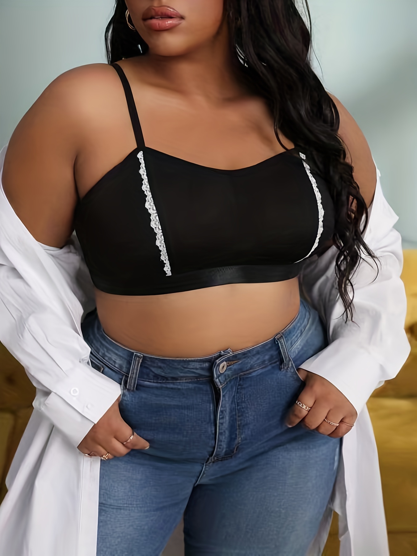 Plus Size Sexy Bra, Women's Plus Solid Contrast Lace Comfort Wireless Cami  Crop Top