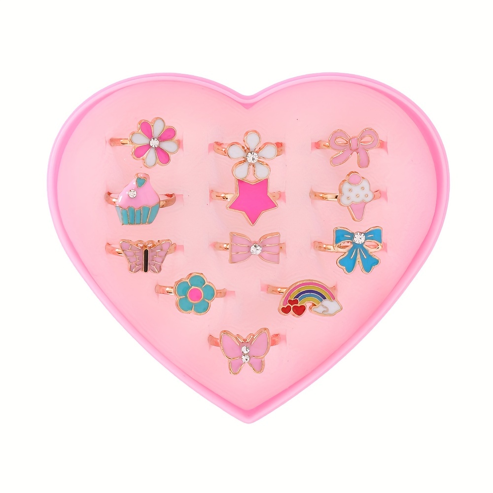 

12pcs Golden Cartoon Cute Flower Butterfly Rainbow Star Pattern Adjustable Ring Set For Girls