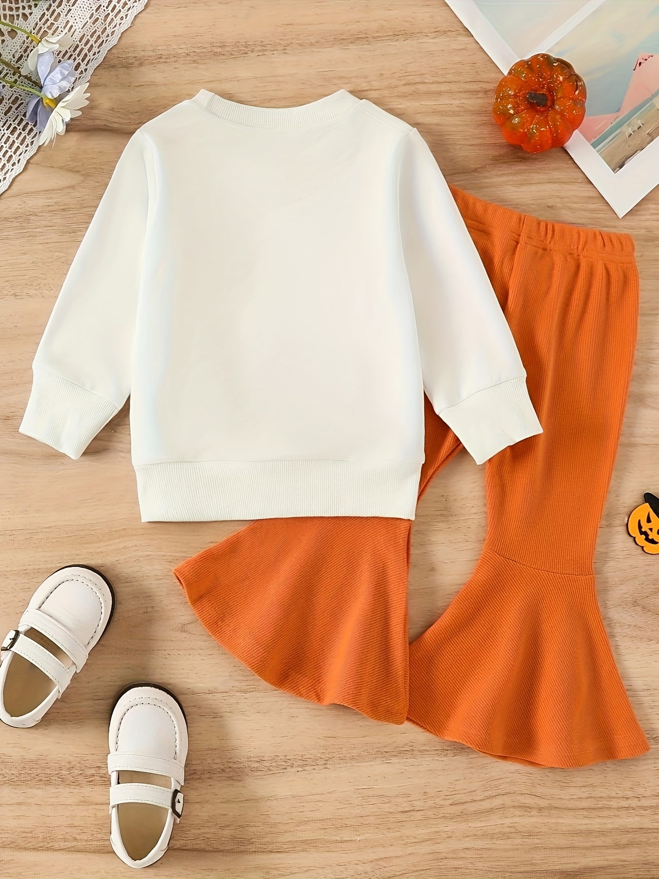 Halloween Girl Print Pullover + Pumpkin Graphic Flare Pants - Temu