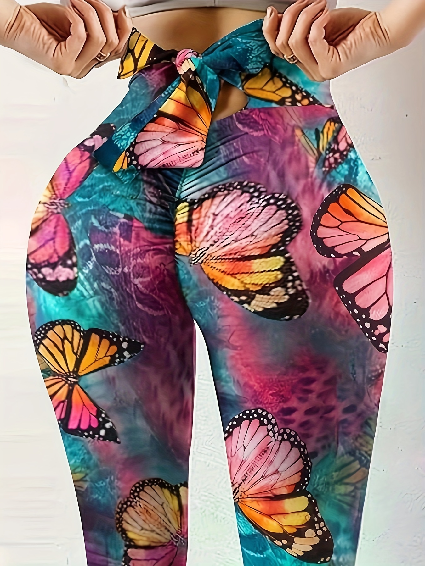 Butterfly Print Skinny Leggings, Casual High Waist Bow Back Leggings,  Women's Clothing