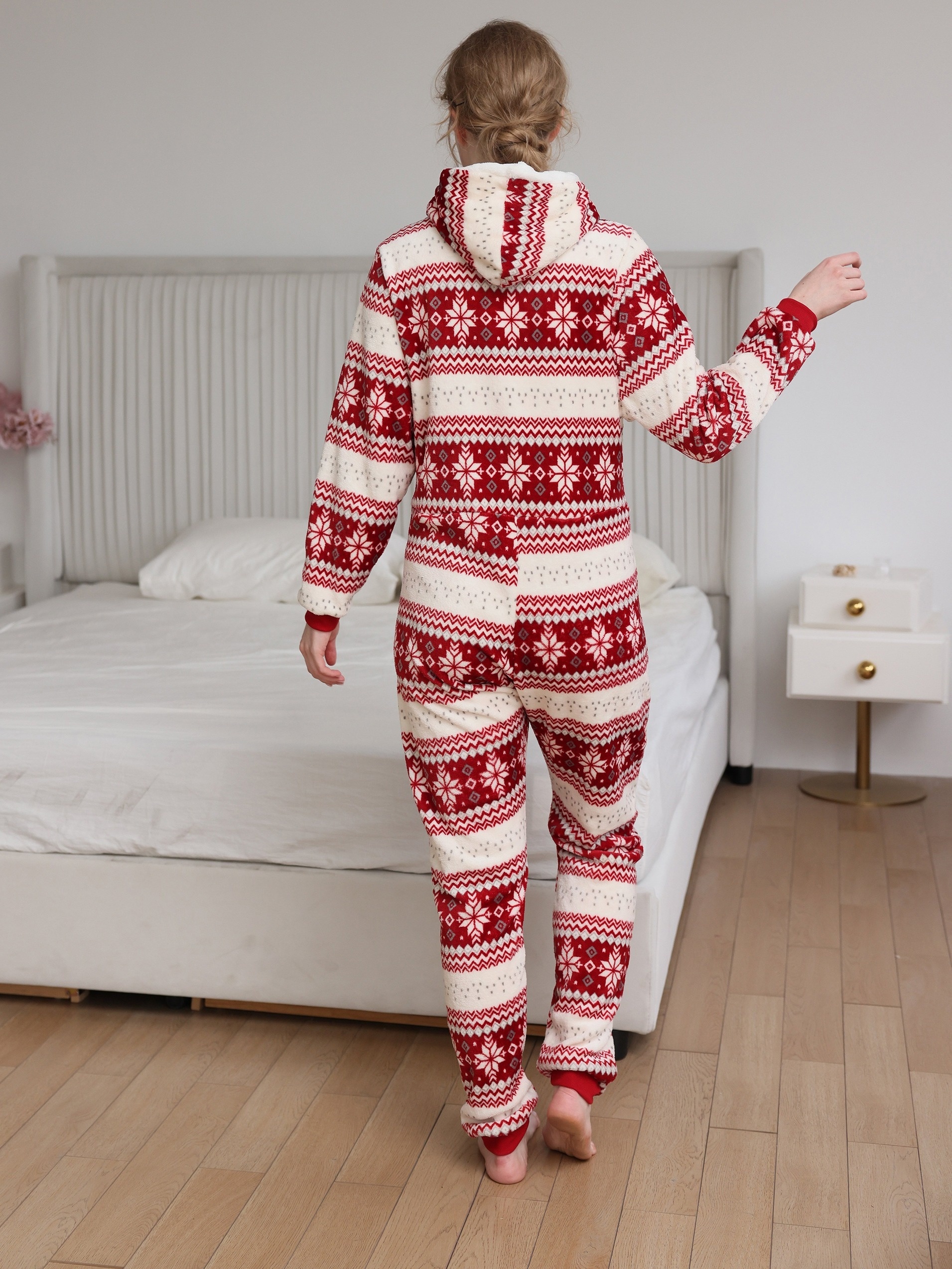 Women s Christmas Hooded Printed Zipper Jumpsuit Nightgown Temu