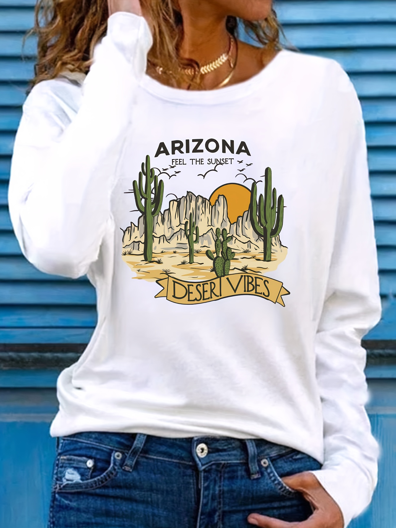 Camiseta Con Cuello Redondo Y Estampado Del Desierto De Arizona, Camiseta  Informal De Manga Larga Para Primavera Y Otoño, Ropa De Mujer, Ahorre Más  Con Las Ofertas De