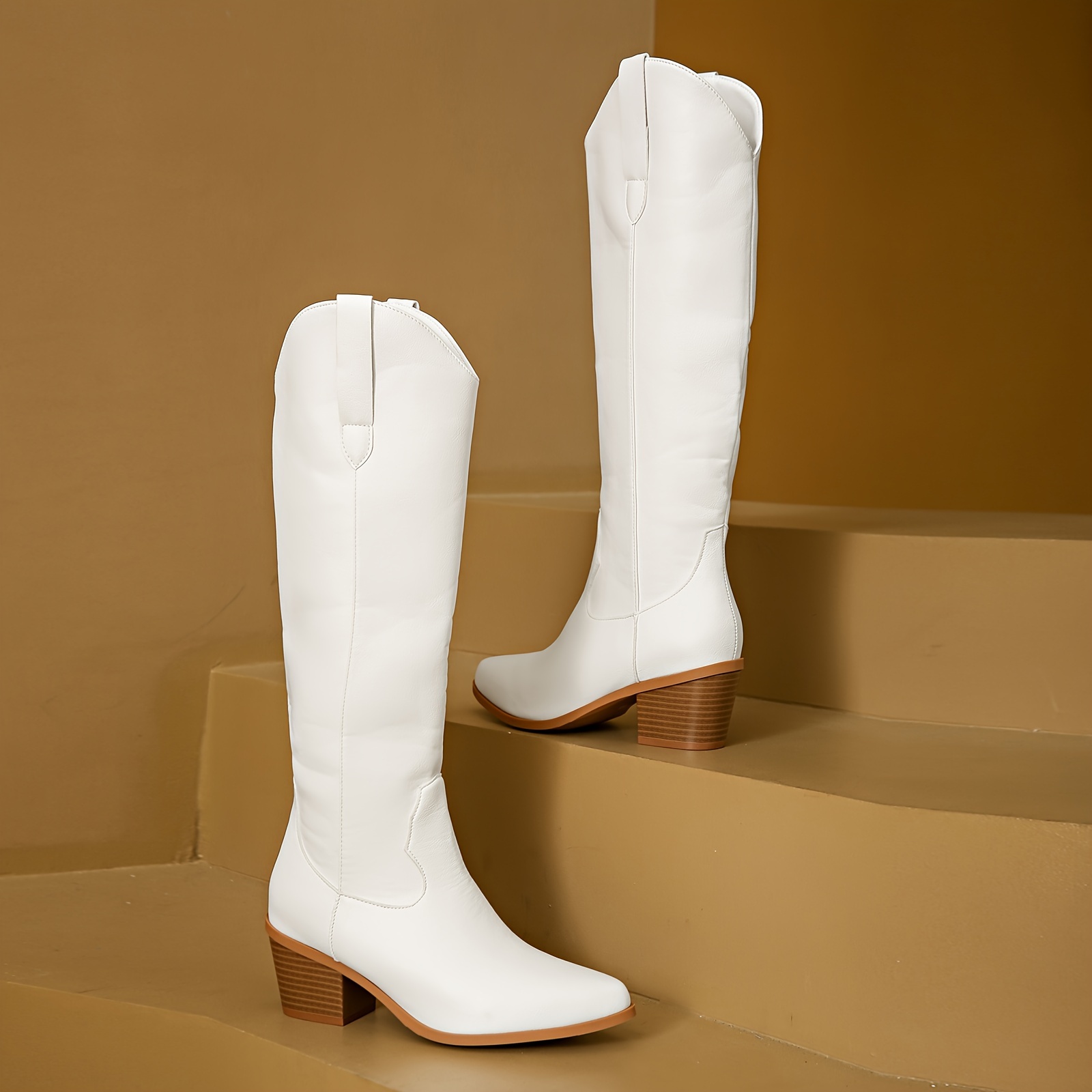 Chic Solid Color Knee-High Boots for Women Slip-On, Pointed Toe with  Chunky Heel Cover Rubber Sole