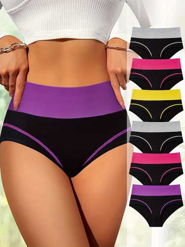 6pcs Colorblock Briefs, Comfy Breathable Stretchy Intimates Panties, Women's Lingerie & Underwear