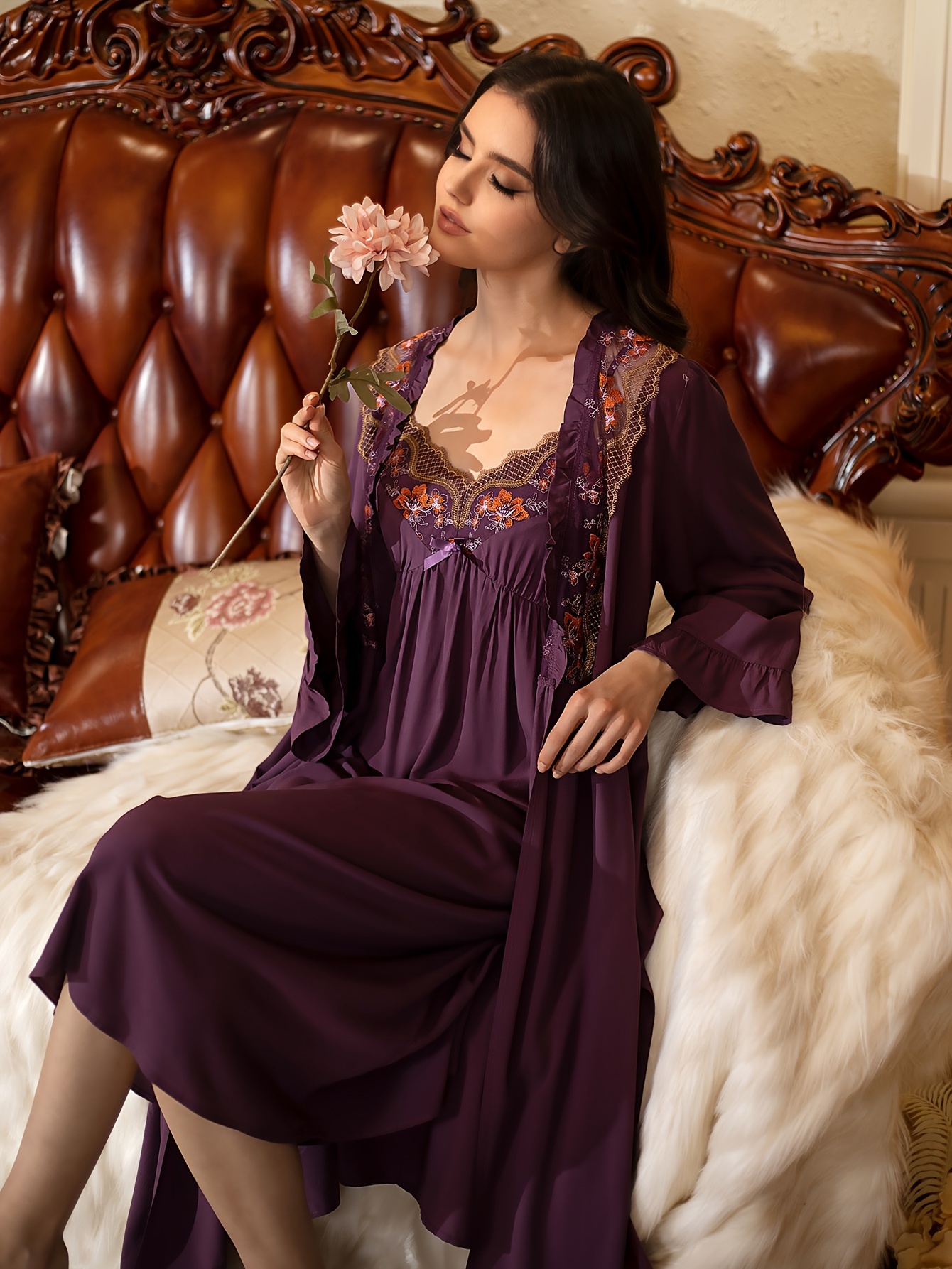 Appliques Belted Lace Sleep Robe Without Lingerie Set