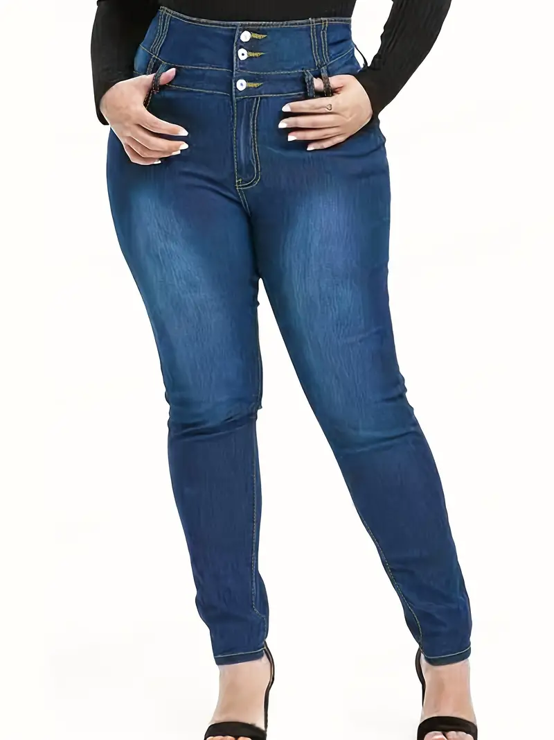 Jeans ajustados con botones y tiro alto de talla grande, pantalones  ajustados elásticos medianos para mujer