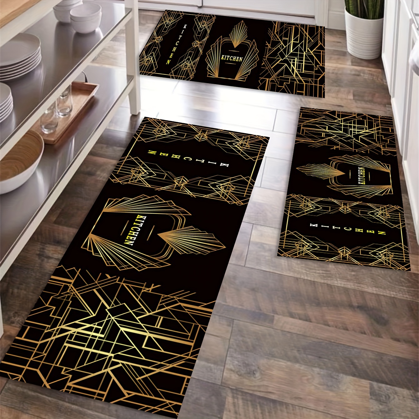 Black Golden Irregular Line Kitchen Rug Cushioned - Temu