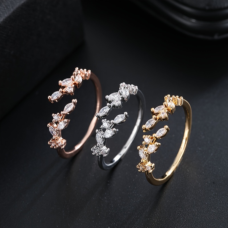 Leaf Ring Copper Material Synthetic Zirconia for Daily and Party Occasions