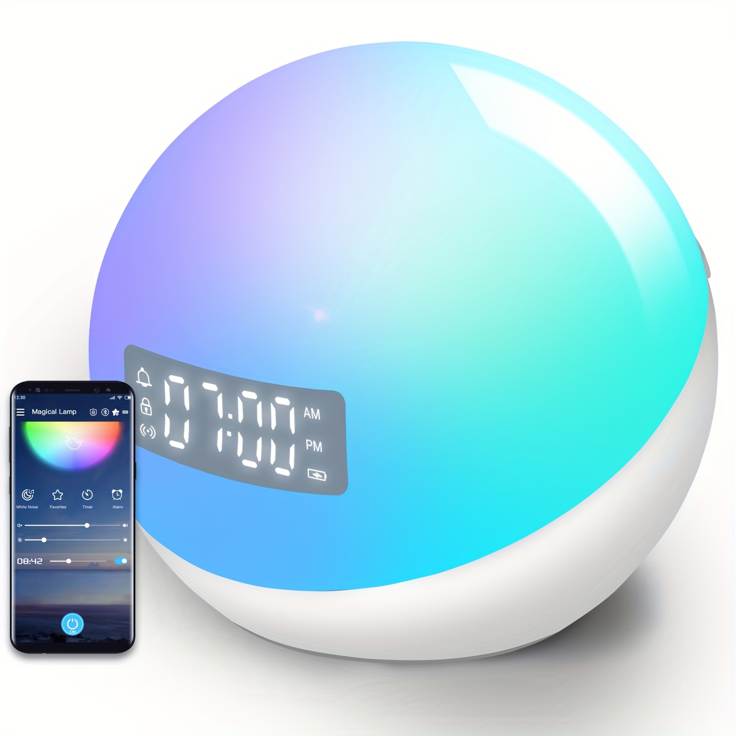Sunrise Alarm Clock, Wireless Charging Alarm, Bluetooth Wake up Clock with  Snooze Mode, 9 Light Mode, 7 Natural Sounds, App/Voice Controlled Sunset